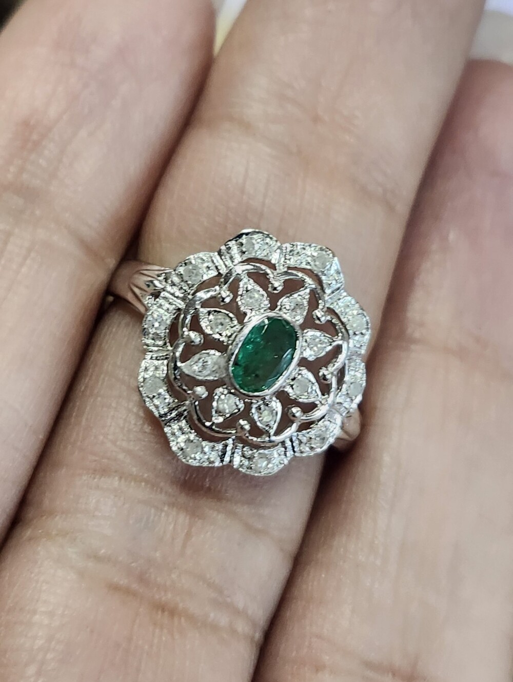 Floral Filigree Emerald and Diamond Halo Ring - Green and Silver